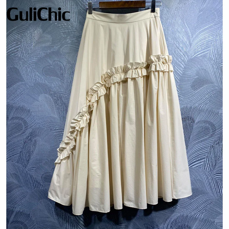 

6.2 GuliChic Women Simple Solid Color Temperament Collect Waist Ruffles Decoration Irregularity Skirt