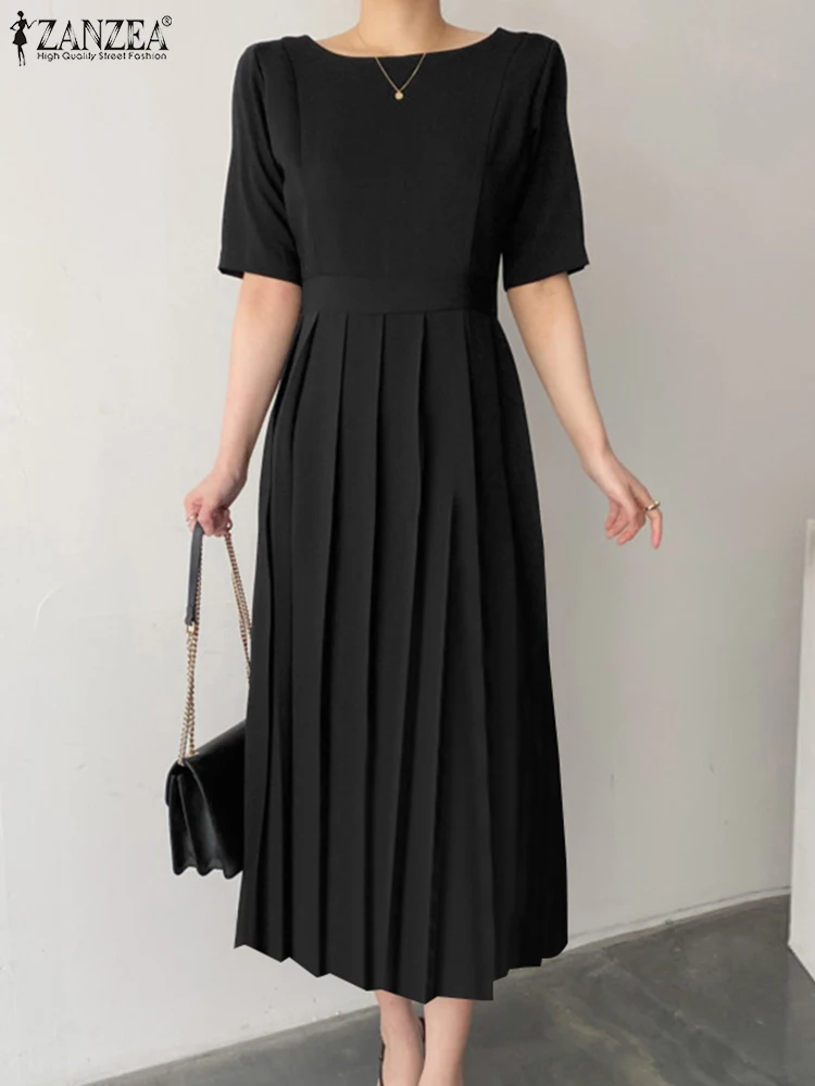

Женский модный плиссированный сарафан ZANZEA, летнее платье с круглым вырезом и рукавом до локтя, элегантное однотонное платье, женское рабочее платье, модель 2023 года