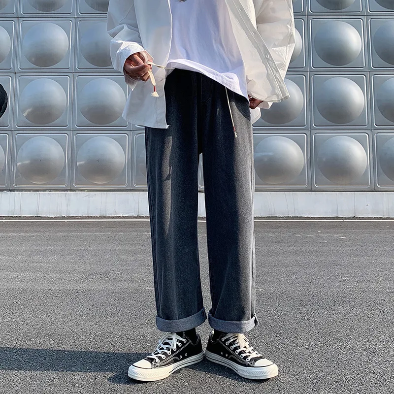 Men Korean Streetwear Wide Legs Baggy Jeans Mens Autumn Harajuku Vintage Blue Denim Pants Male Casual Cargo Pants Baggy Jeans