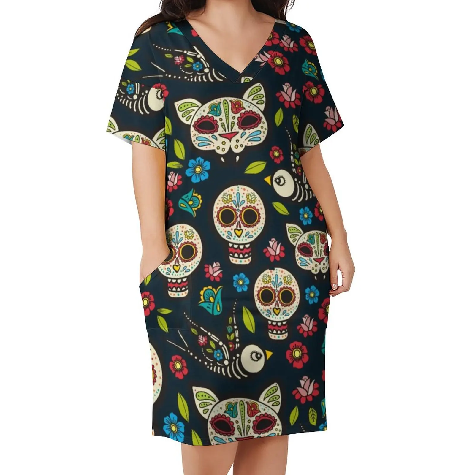 

Halloween Day The Dead Dress V Neck Mexican Traditional Celebrates Skulls Aesthetic Dresses Summer Sexy Casual Dress Plus Size