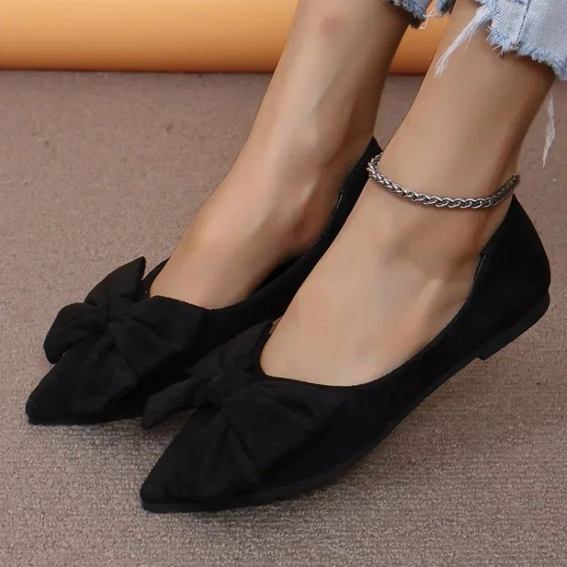 Women Flats Bow Pointed Toe Shoes Female Suede Walking Dress Fashion Casual Sandals Shallow Zapatillas Mujer