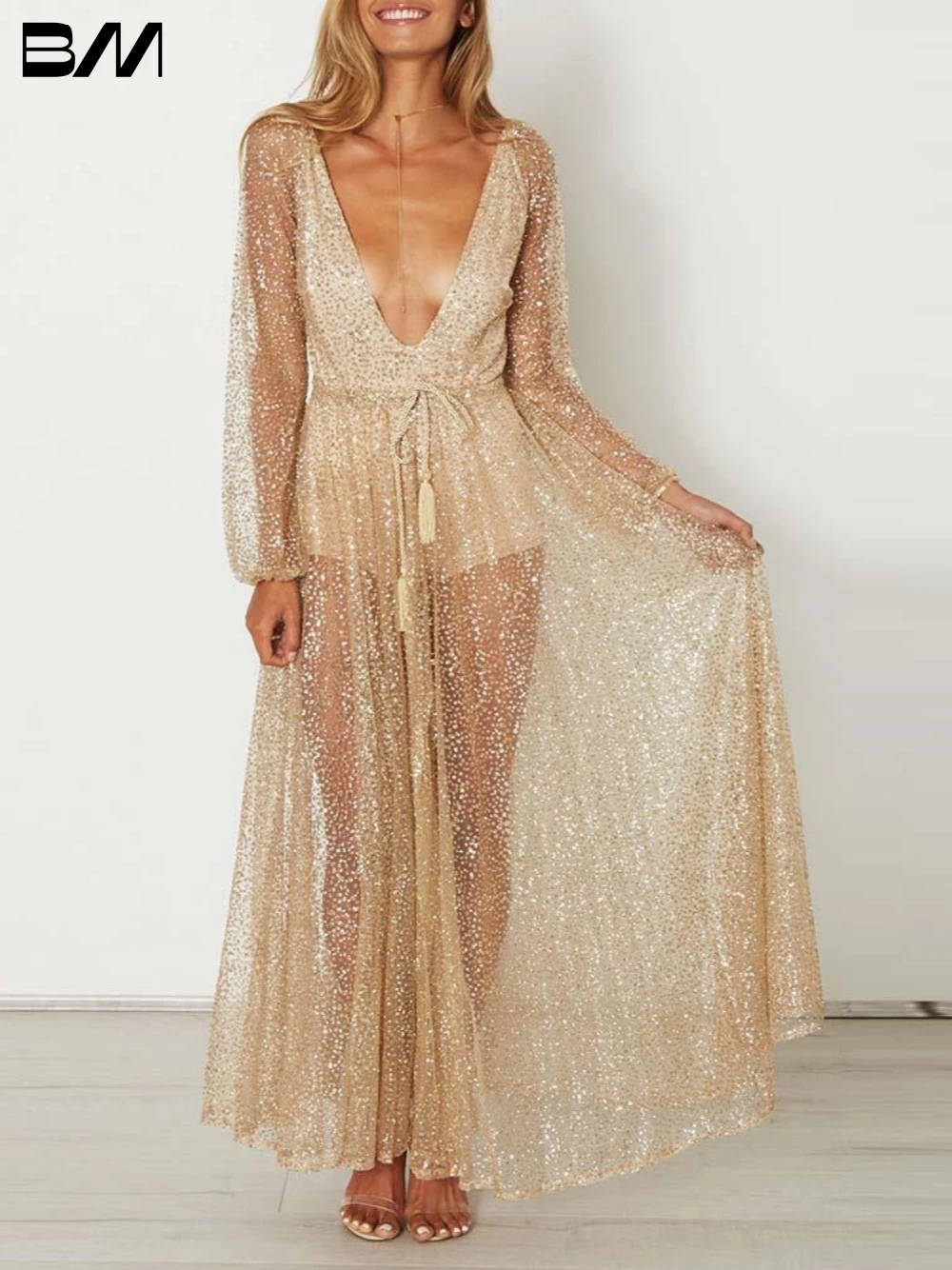 

Sexy Deep V-neck Evening Dresses Illusion Sequins A-line Bridal Gown Modern Floor-length Bride Dresses Vestidos De Novia