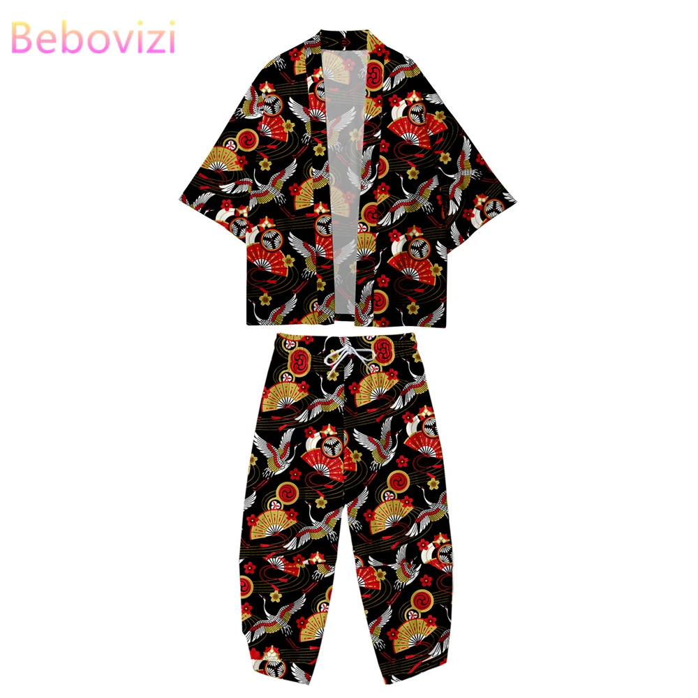 

Повседневный японский кардиган, традиционное кимоно для косплея хаори, юката с принтом журавлей, костюм из двух предметов в стиле Харадзюку