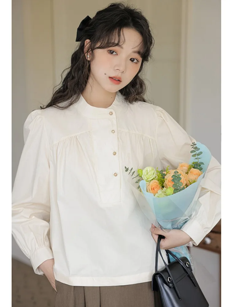 Женская рубашка с воротником-стойкой свободная универсальная длинным рукавом в