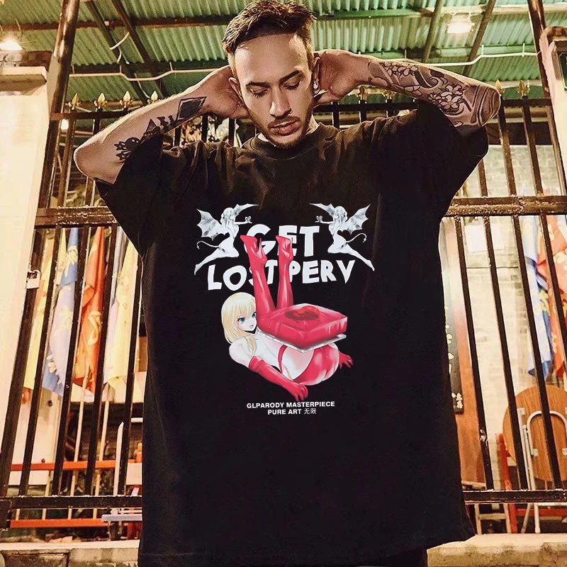 

Hip Hop Men T Shirt Streetwear Vintage Japanese Anime Cartoon Girl Print Punk Gothic Tshirt Men Harajuku Casual Washed Tee Tops