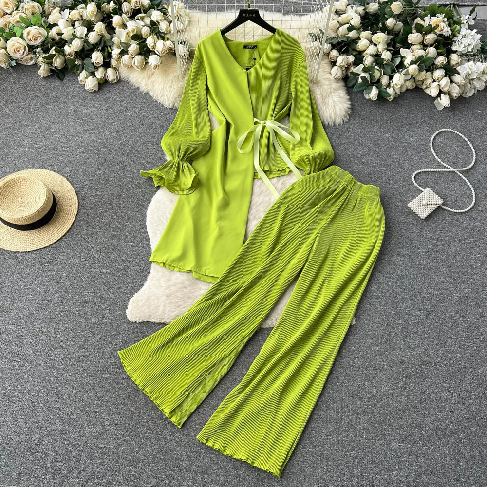 

2023 New Women Summer Streetwear Pantsuits Casual Loose Bow Shirts Blouse Straight Pants 2 Pieces Sets Female Clothes New