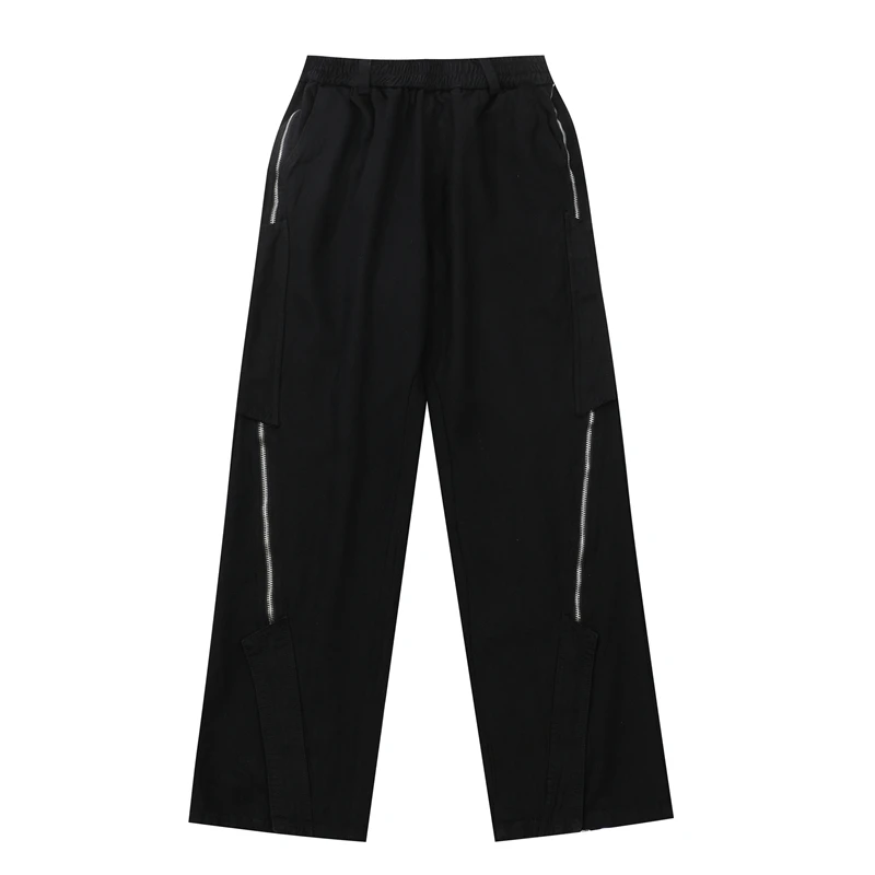 

High Street Zipper Decorate Pockets Black Jeans Pants for Male and Female Harajuku Straight Solid Color Baggy Denim Trousers