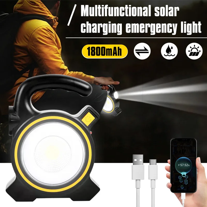 

Portable COB Work Lamps Outdoor Waterproof Solar Lights Handheld USB Charging LED Camping Flashlight With Power Bank Function