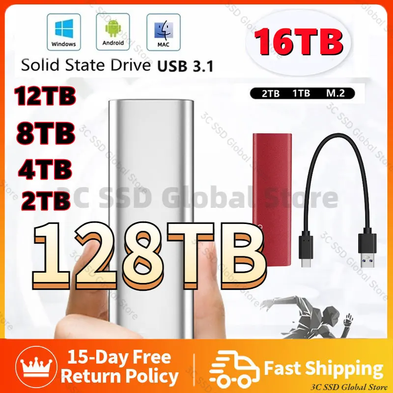 100% SSD 128TB Portable Original Hard Drive 1TB/2TB/30TB/64TB External SSD Disco Duro Type C USB3.1 Hard Disk USB Flash Drive