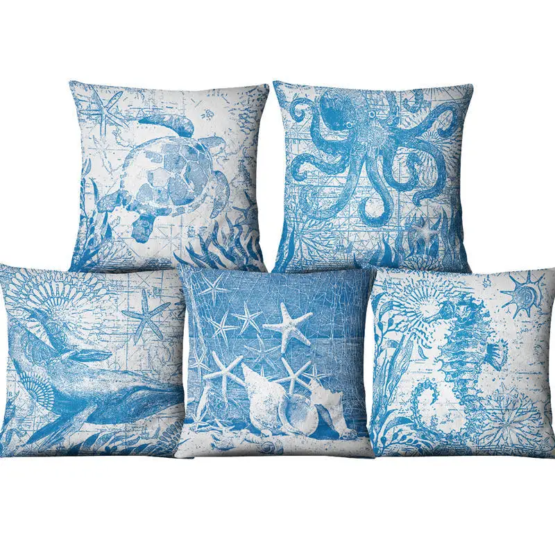 

Single-sided Printing Linen Decorative Blue Sea Cushion Cover Marine Animals Ocean Throw Pillow Case For Sofa Chair Car Couch