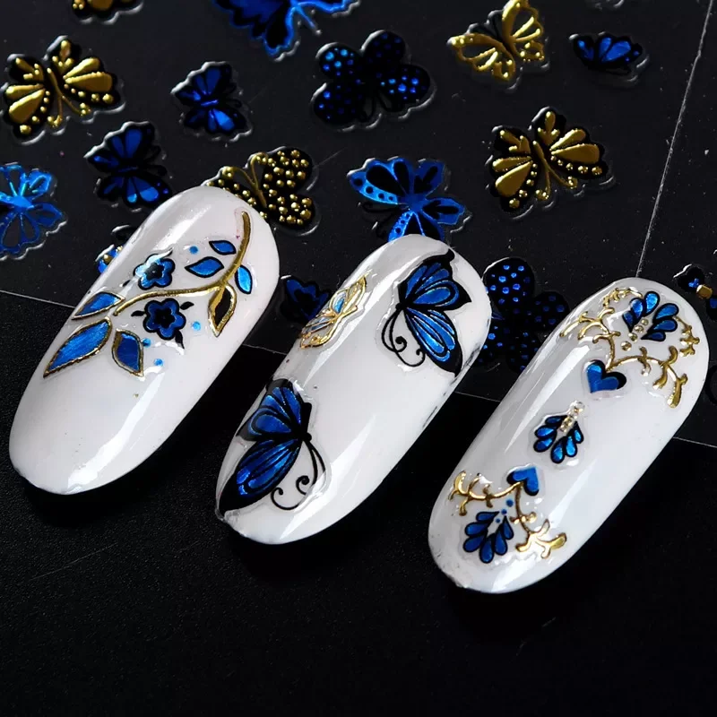 

NEW IN Blue Gold 3D Nail Art Sticker Hollow Decals Mixed Designs Adhesive Flower Nail Tips Letter Butterfly Paper Nail Set