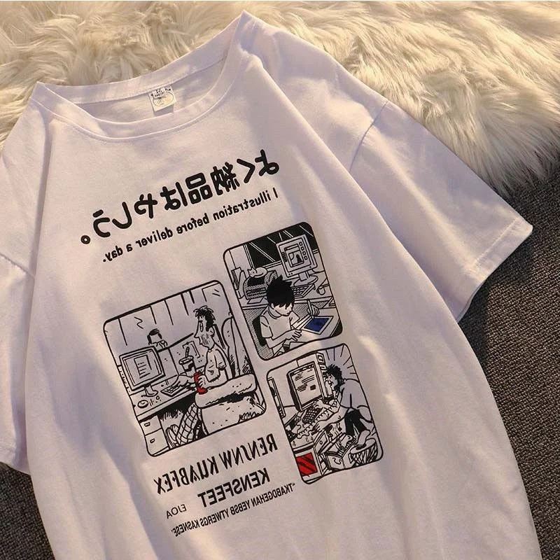 

2022 летние хлопковые футболки в японском стиле с рисунком аниме Kanji Comics, кавайная одежда в стиле Харадзюку для подростков и пар, футболки большого размера, топы