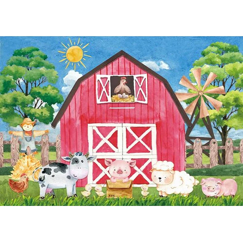 

Cartoon Farm Red Barn Blue Sky Tree Windmill Kids Cowboy Girl Backdrop Baby Shower Birthday Party Banner Background Booth Decor