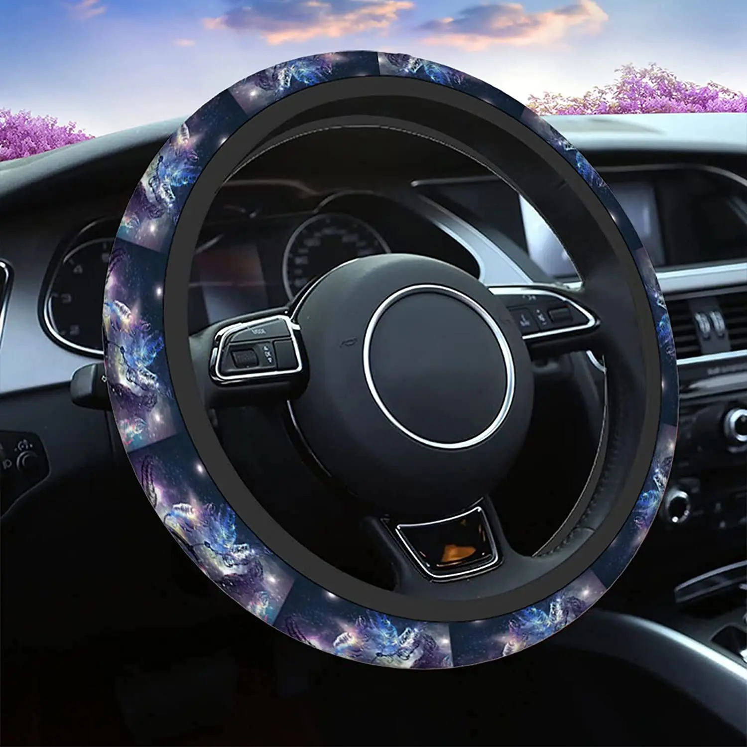 

Dreamcatcher Car Steering Wheel Covers Mystical Dream Catcher with Starry Space Purple Women Men Interior Accessories 15 Inch