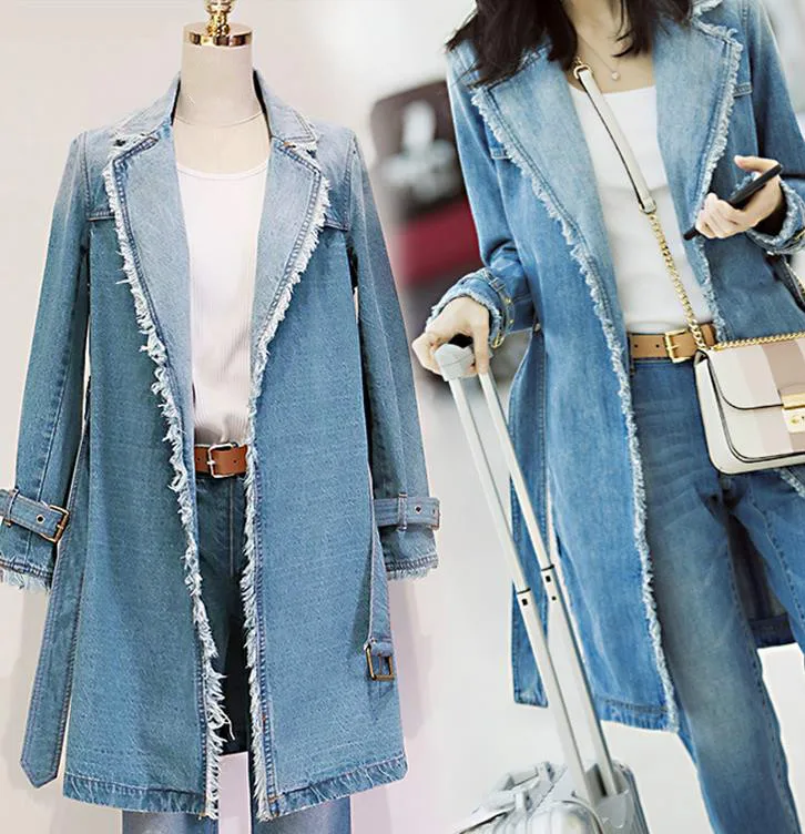 

Plus Size Womens Fall Long Sleeve Long Denim Trench Coat Female Fashion Solid Outerwear 2021 Women Spring New Loose Coat Trench