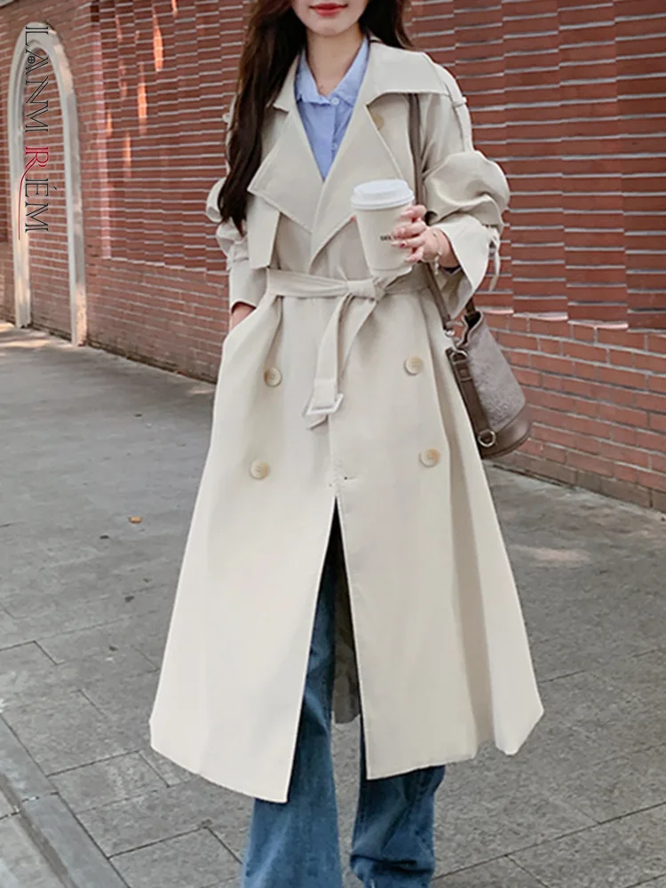 

LANMREM корейский стиль, однотонная ветровка, женский двубортный длинный Тренч с отворотом, модный осенний Тренч, новинка 2023, 2AA2258