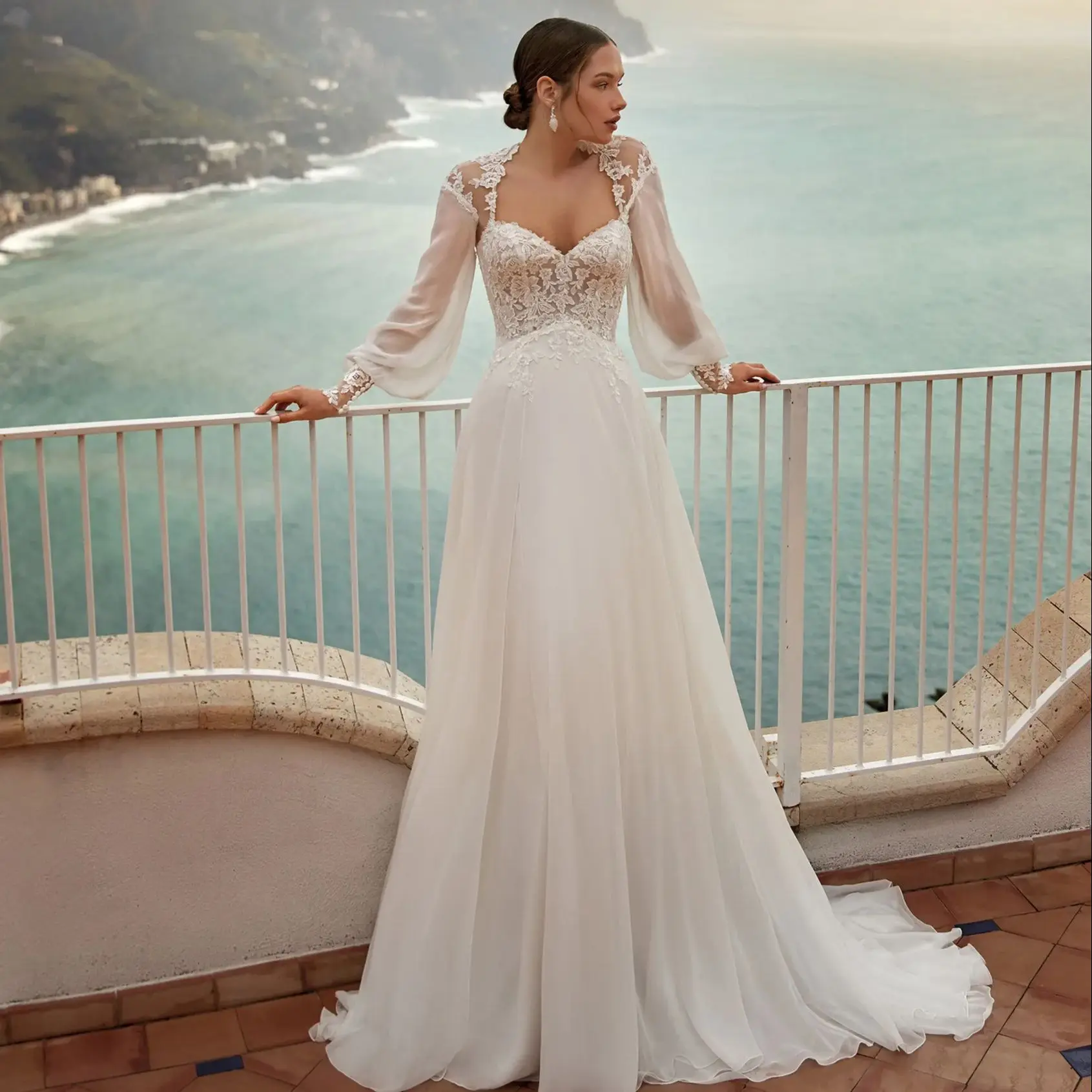 

Beach Boho A-Line Wedding Dress Sweetheart Lace Appliqued With Cape Ruffles Chiffon Bridal Gown Sweep Train Vestidos De Novia