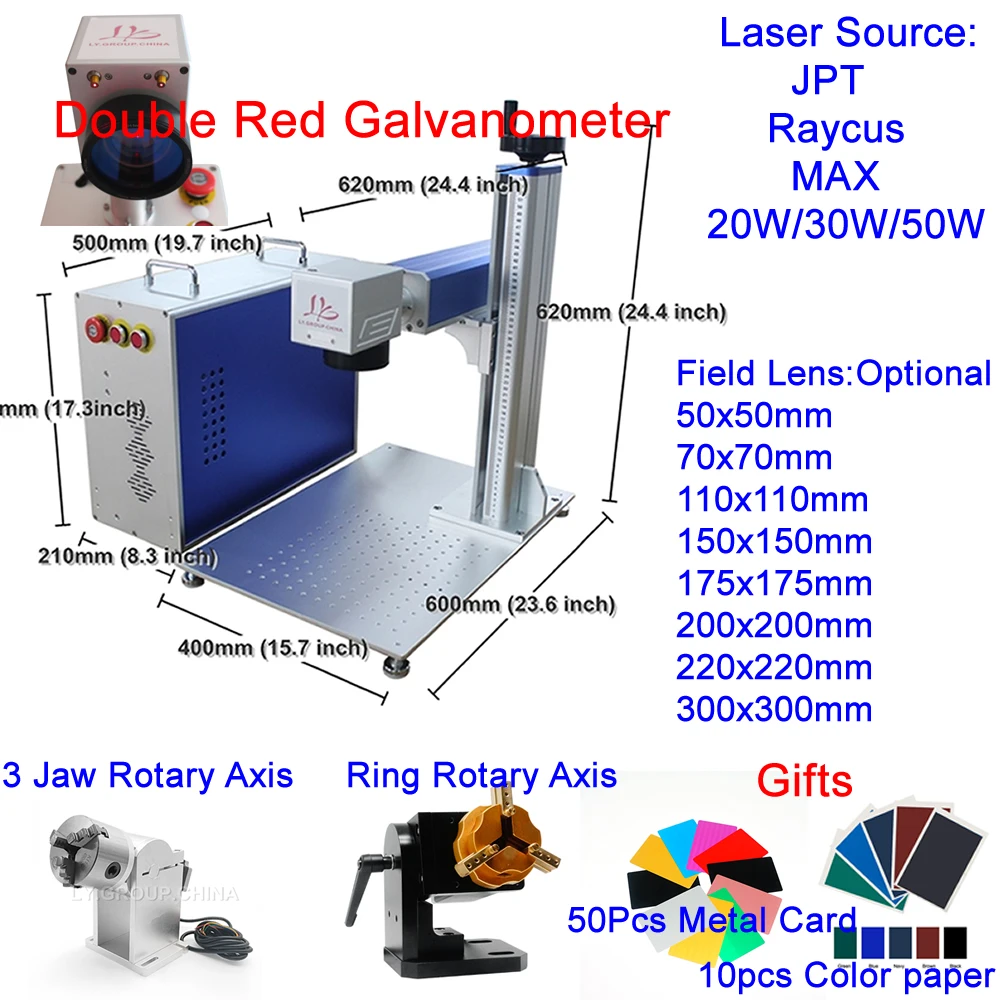50w máquina da marcação do laser da fibra de jpt 30w raycus máquina de gravura do pwb com giratório para o metal de aço inoxidável vidro plástico