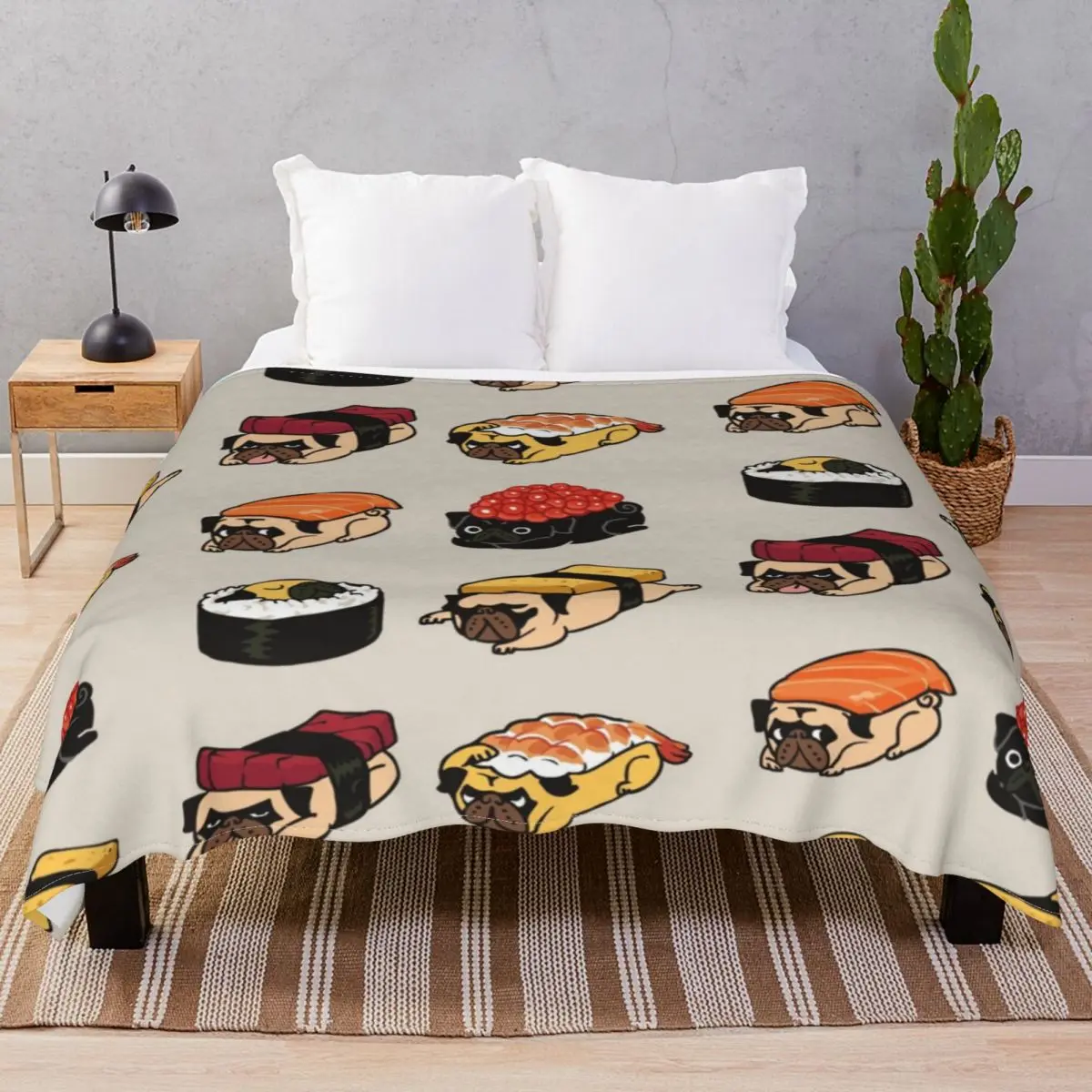 Sushi Pug Blankets Flannel Plush Decoration Super Soft Throw Blanket for Bedding Home Couch Camp Cinema