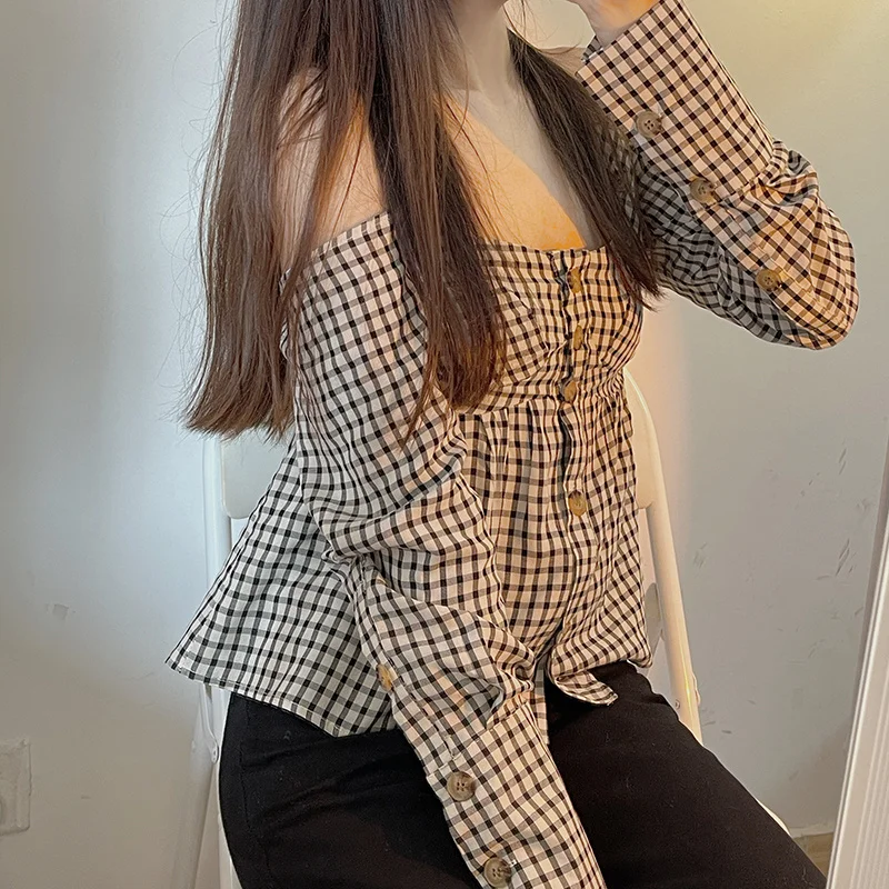 

Off Shoulder Plaid Neck Suspender Shirt Women's Spring 2022 Korean Chic New Vintage Spice Girls Loose Short Long Sleeved Top