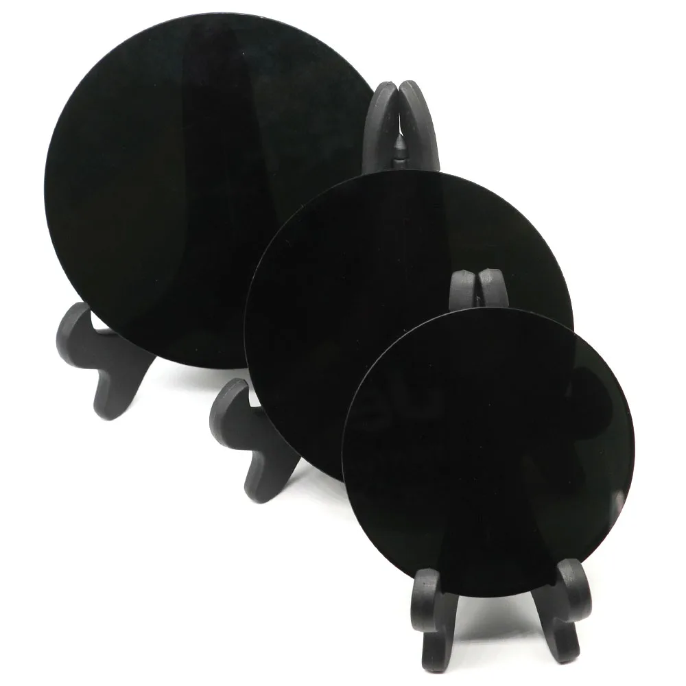 

Shui Craft Ornament Gemstone Stone Room Crystals Obsidian Natural Healing Mirror Home Shelf Black With Round Holder Decor Feng