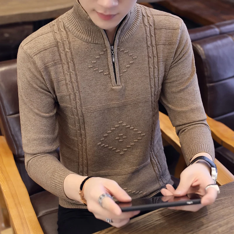 

Turtleneck Mens Sweaters Pullovers Winter Stand Collar Zipper Slim Fit Thick Warm Casual Knitting Warm Knitwear Pullover