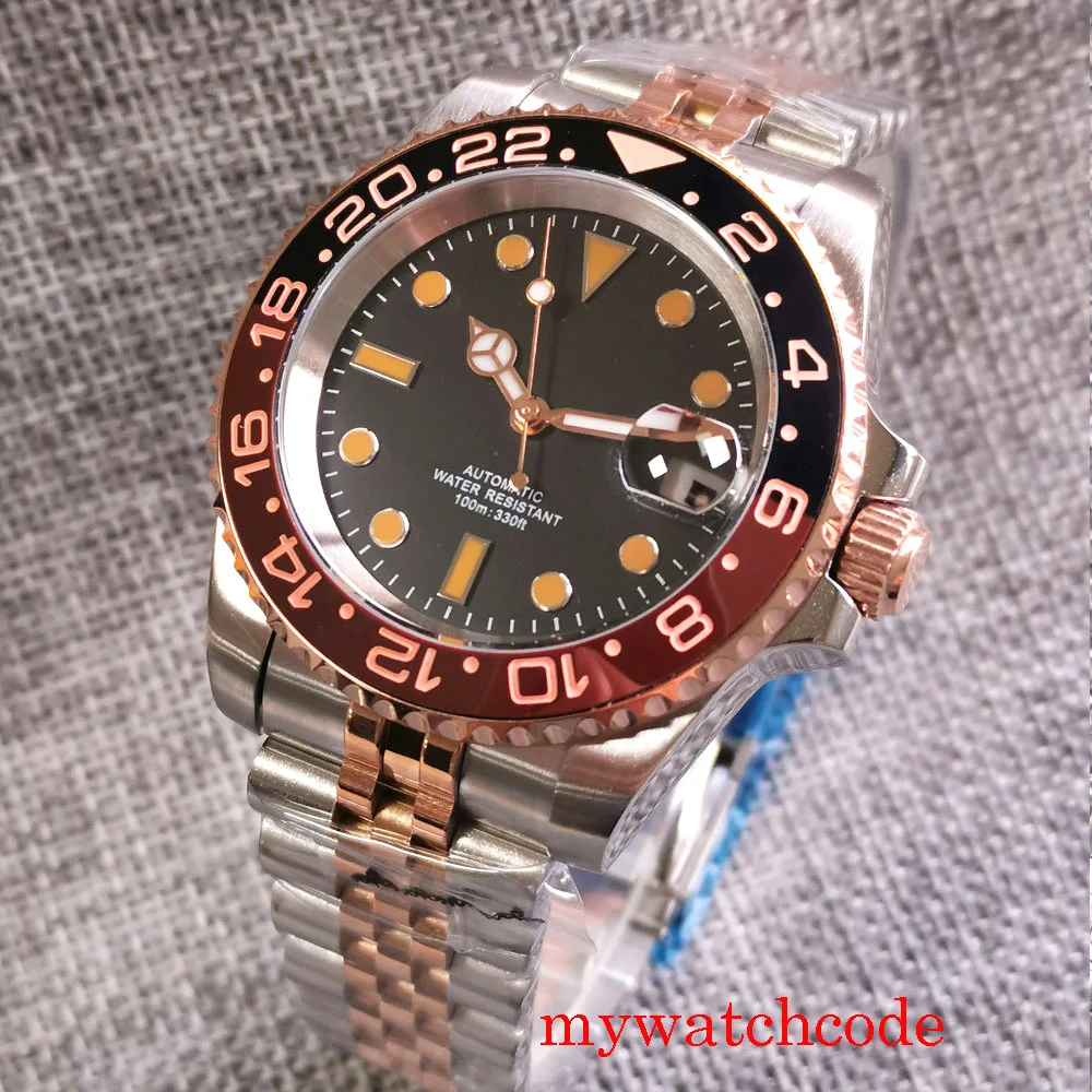 

40mm NH35A MIYOTA 8215 PT5000 Black Dial Two Tone Automatic Men Wristwatch Sapphire Crystal Rose Gold Bezel Jubilee Bracelet