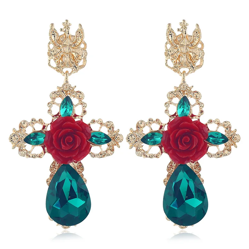 

Classic Retro Fashion Exaggerated Baroque Dangle Earrings Cross Rose Flower Glass Green Crystal Statement Drop Earrings Jewelry
