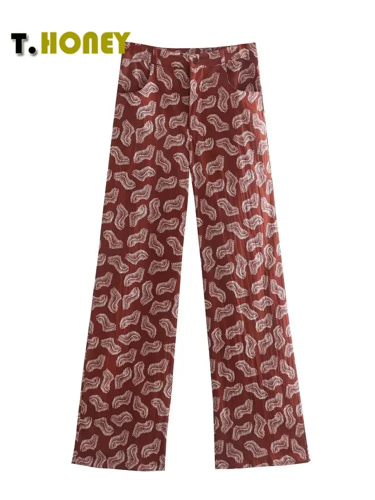 

Women Fashion With Double Pockets Buttons Front Zipper Print Trousers Female Chic National Slim Long Pants