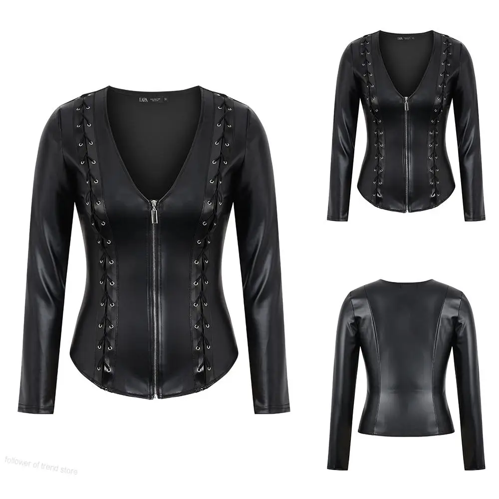 Women Motorcycle Skinny Leather Jackets New Black Ladies Moto Bikers Zipper Up Jacket Long Sleeve Spring Autumn Outerwear Coats