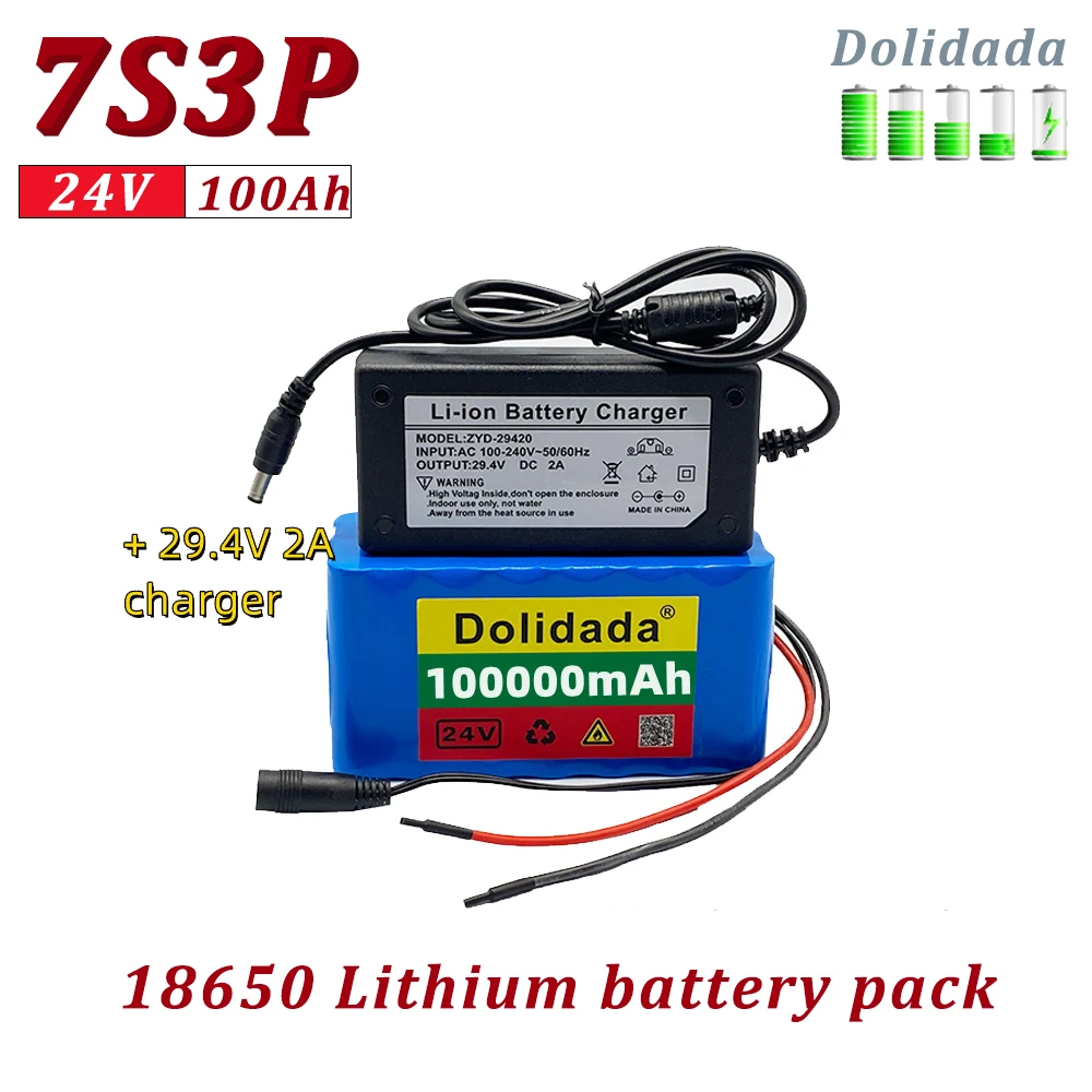 

24V 100000Mah 18650 Battery Pack 7s3p + 2A Charger Lifepo4 Rechargeable Batteries with BMS for Electric Bicycle E-bike scooter