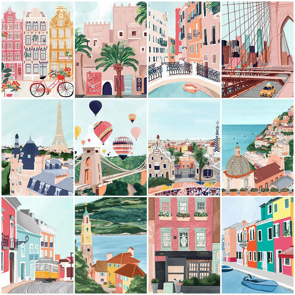 

HUACAN 5D Diamond Mosaic Landscapes City Diamond Painting Street Cross Stitch Diamond Mosaic Building Decor For Home