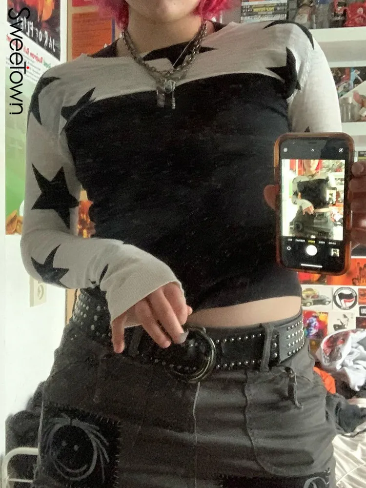 

Женский трикотажный топ с длинным рукавом, в стиле гранж