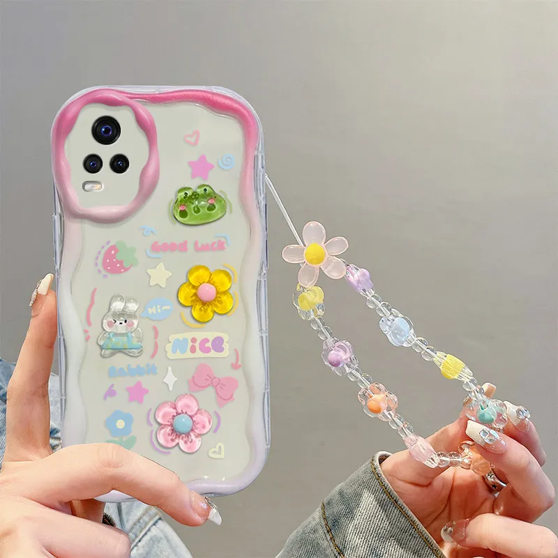 

Fashion Wavy Edge Cute Creamy Cartoon Animals Phone Case For Vivo S7 Vivo S7t Vivo V20 Pro Hand Strap Bracelet Case Cover
