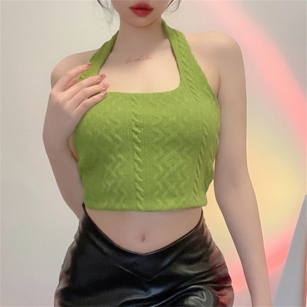

Ladies Street Style Twist Texture Halter Top Backless Sexy Camisole Solid Color Slim Personality Show Navel Versatile Small Vest