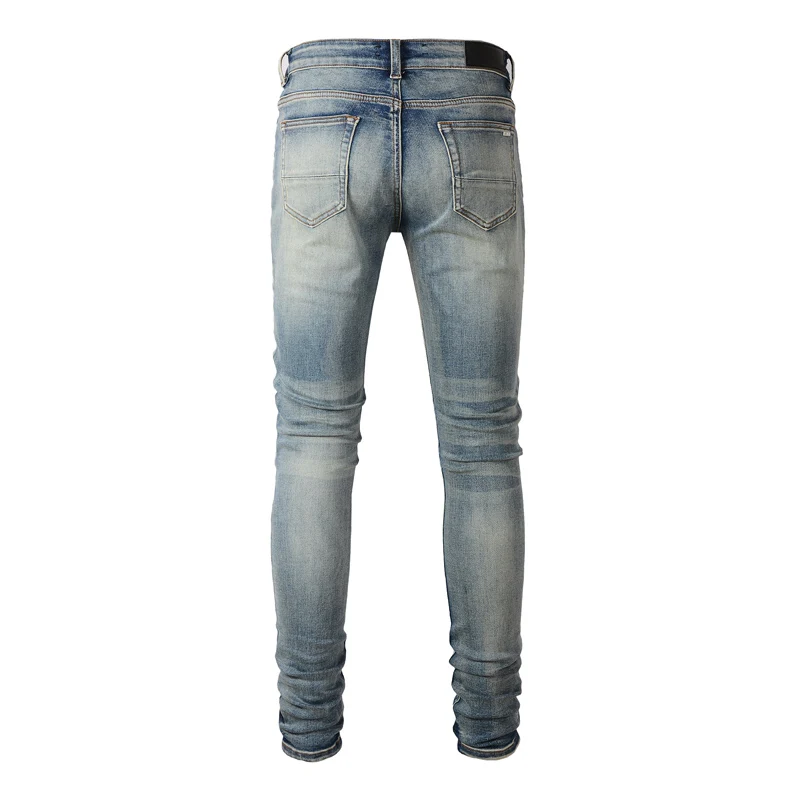 Streetwear Fashion Men Jeans Retro Blue Elastic Slim Fit Ripped Jeans Homme Patch Designer Brand Hip Hop Pants Men Hole Trousers