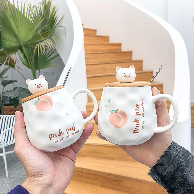 

Cute cartoon wooden cover piglet scrub pot belly ceramic cup creative mug business office water cup student cup