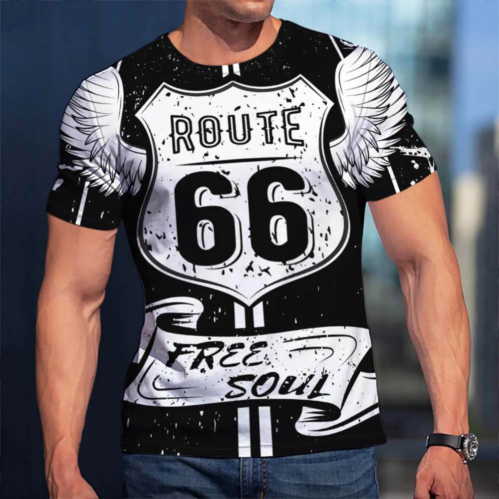 

New Summer Male T-Shirts Of Large Sizes Vintage Loose Clothing Short Fashion America Route 66 Tshirt For Men