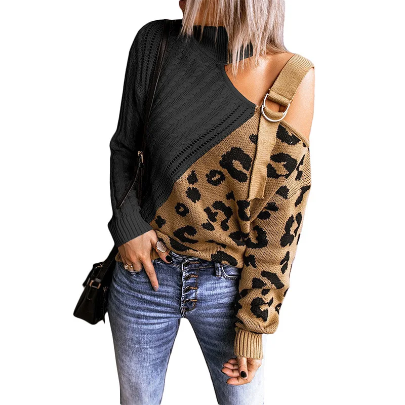 

CYDNEE Sexy Leopard Print Patchwork Sweater Women Street Wear Fashion Asymmetrical Off-shoulder Knitted Sweater Buckle