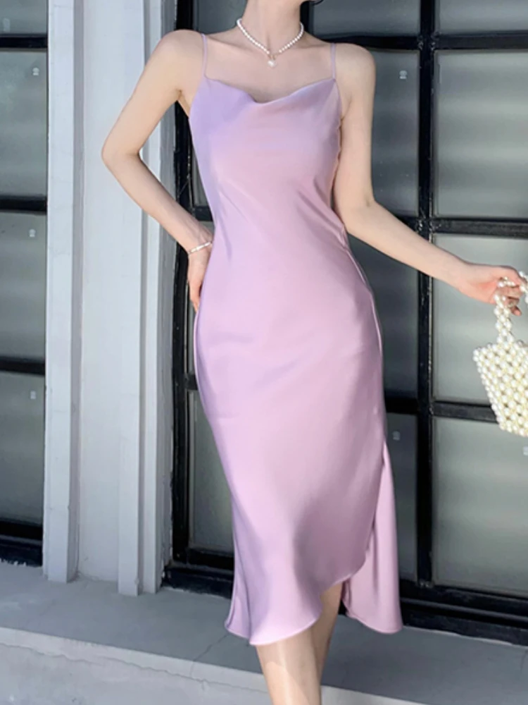 

Elegant Spaghetti Strap Midi Women Summer Dress Sleeveless Sexy Satin Vintage Bodycon Beach Party Vestidos Femme Fashion Robe