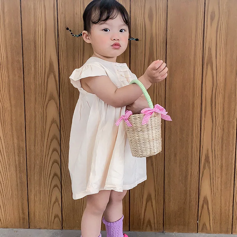 Straw Weave Children's Mini Bucket Bag Cute Bow Baby Girls Picnic Small Tote Shoulder Bags Summer Princess Accessories Handbags