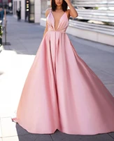 sexy pink a line prom formal dresses 2022 v neck backless criss cross satin evening party gown robe de soiree vestidos festa
