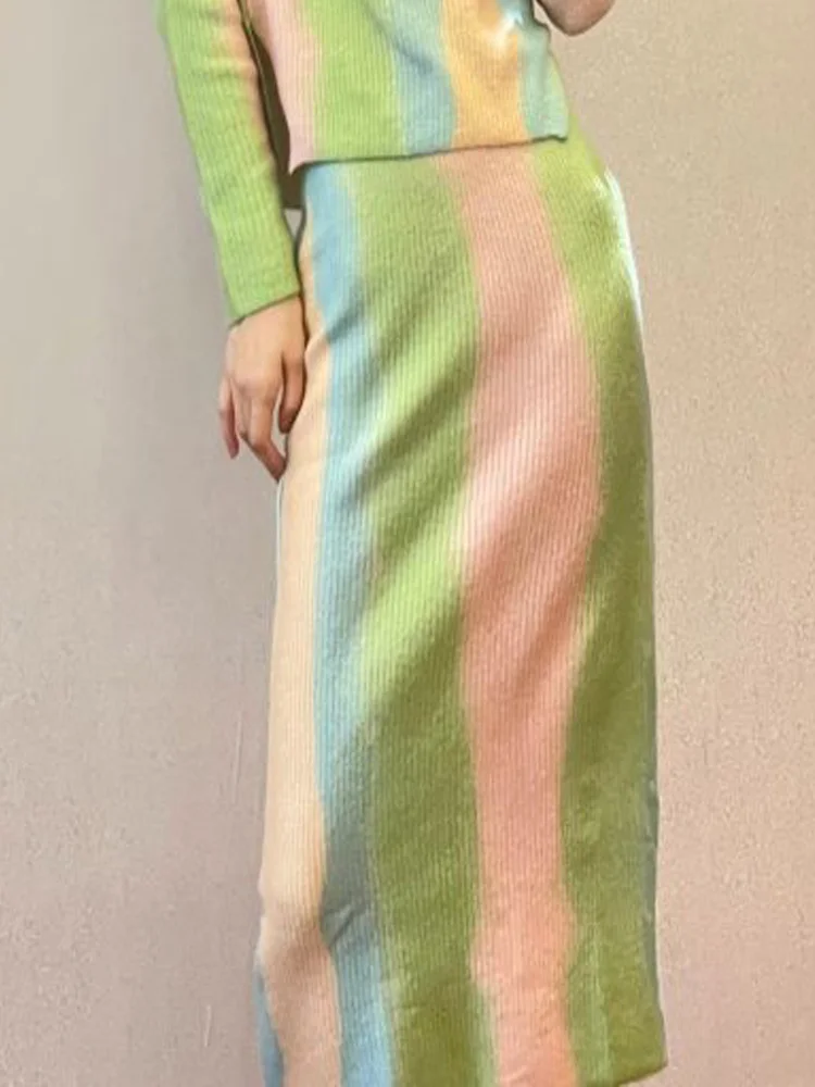 

Женская Осенняя трикотажная юбка, повседневная Полосатая юбка до середины икры с эластичным поясом, 2022