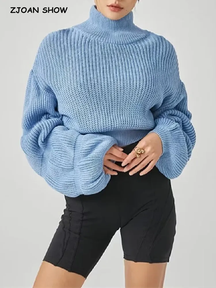 

2022 Autumn Winter Solid Candy Color Knitted Turtleneck Cropped Sweater Women Full Puff Sleeve Pullovers Slim Waist Jumper White