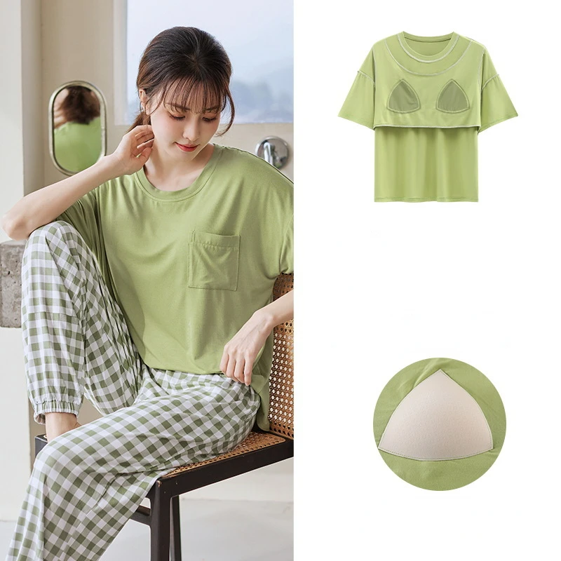 Pajamas Women Summer with Chest Pads Cool Feeling Loose Short-sleeved Trousers Can Be Worn Outside Home Suits Leisure Sleepwear