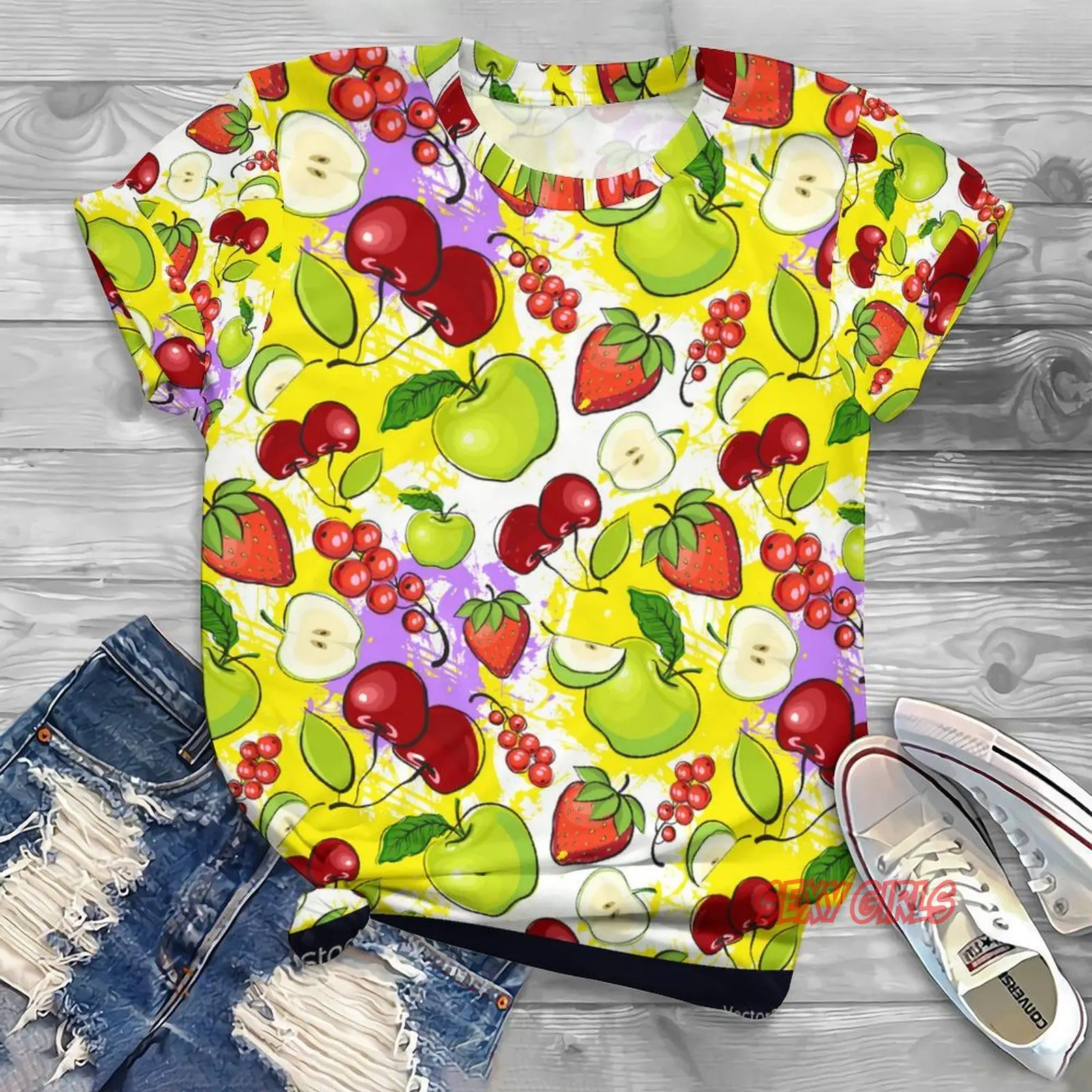 

Fruit Printing Clothing Lady Short Sleeve Casual Fashion Sexy Girls Clothes Print Tees Tops T shirts Female Graphic T-shirt