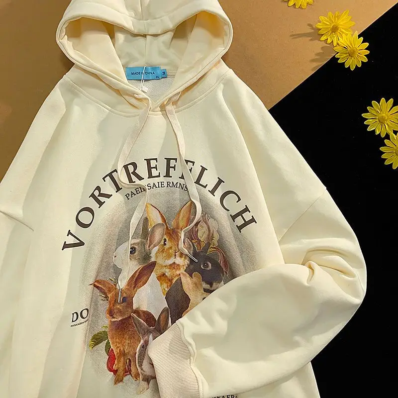 

Толстовка Женская в стиле бохо, Свободный свитшот с милым принтом животного, кролика, винтажный тонкий пуловер с капюшоном в стиле Харадзюк...