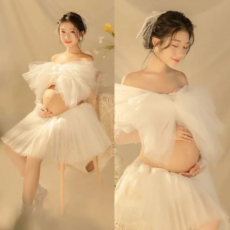 

Maternity Dress Set for Photo Shoot Summer Sexy Shoulderless White Tulle Top+ Skirt 2 Pieces Set for Pregnant Women Photography