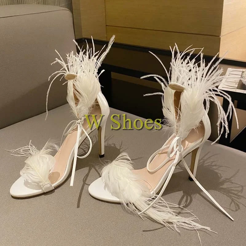 Сандалии на шпильке 11 5 см с перьями и ремешком щиколотке женские туфли открытым