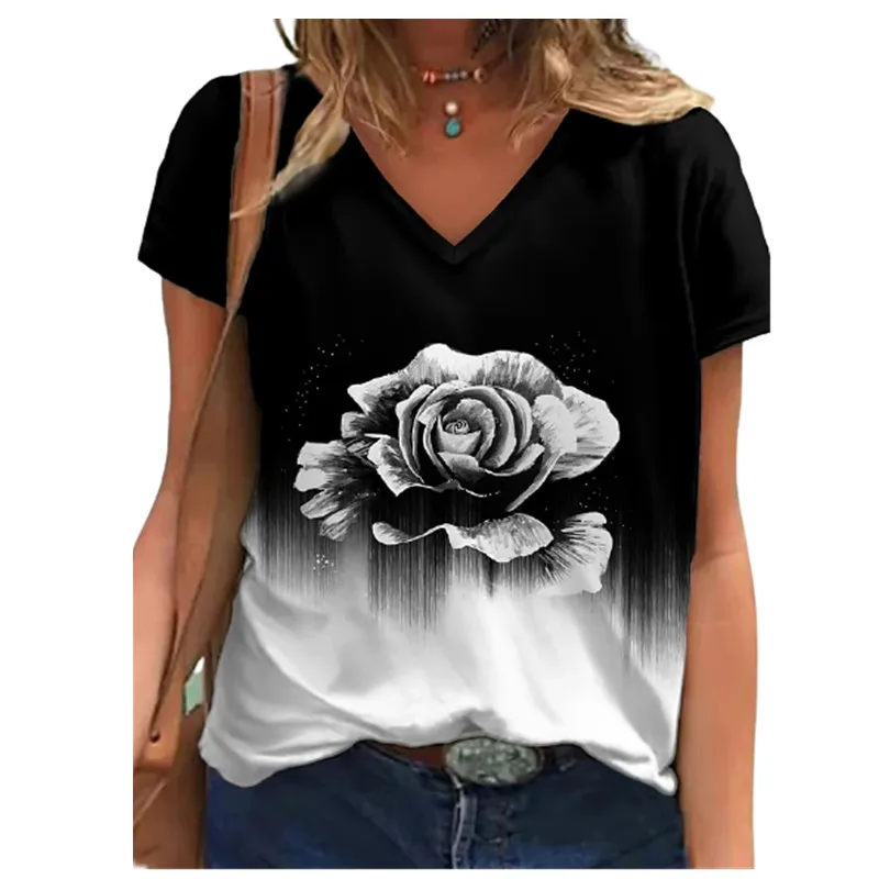 

2022 New Women 3D Flower Print T Shirt Summer Short Sleeve V-Neck Loose Oversized Tops Casual Vintage Female Tee Plus Size S-5XL